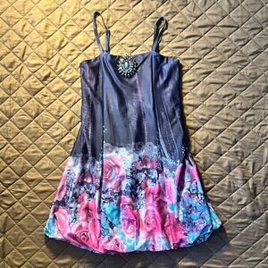 Floral Kids Dress with Jewel Accent - Blue and Pink